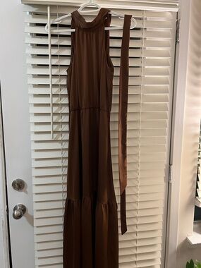 Kirundo, chocolate brown halter sleeveless layered flowy party maxi dress size S
